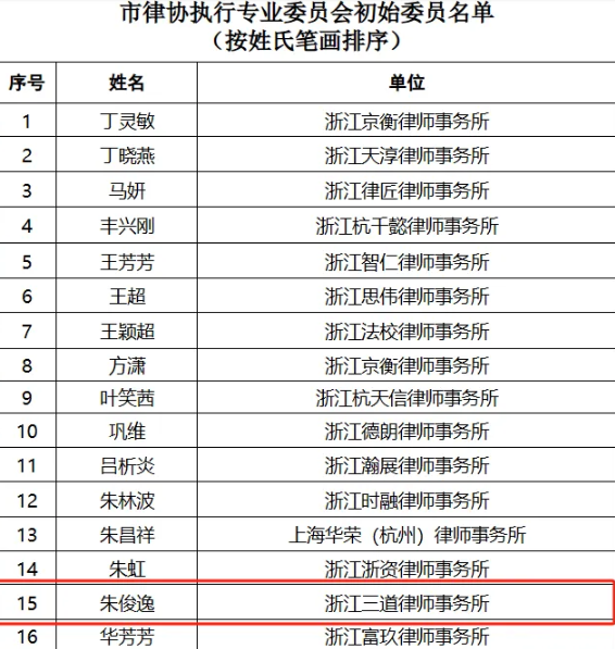 我所朱俊逸律师当选杭州市律协执行专业委员会委员